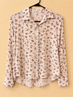 love Fire Cream Button-Down Shirt with Brown Floral Print size small